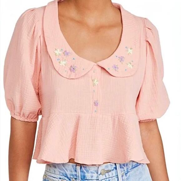 TACH Tops - Tach Larina Embroidered Linen Cotton Top Puff Sleeve Peach Pink